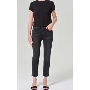 AGOLDE dark wash Riley high rise straight crop button fly denim jeans Panoramic